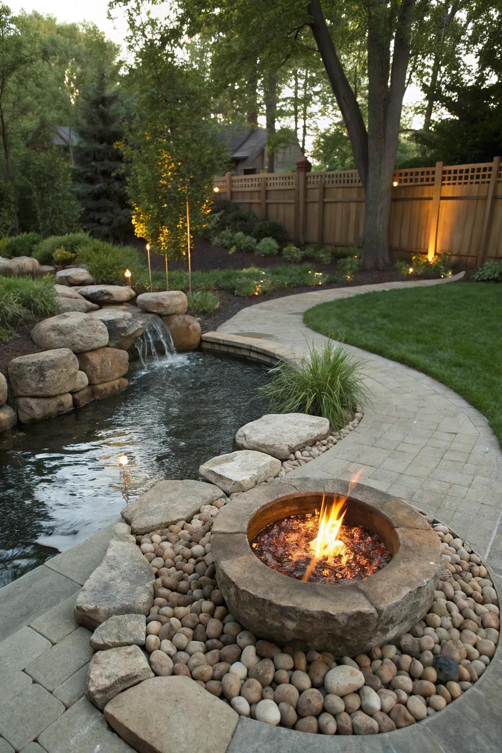 Combine fire and water for a captivating backyard ambiance.