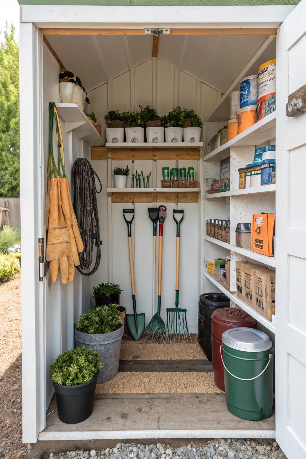Keep your shed tidy with built-in shelving for all your essentials.