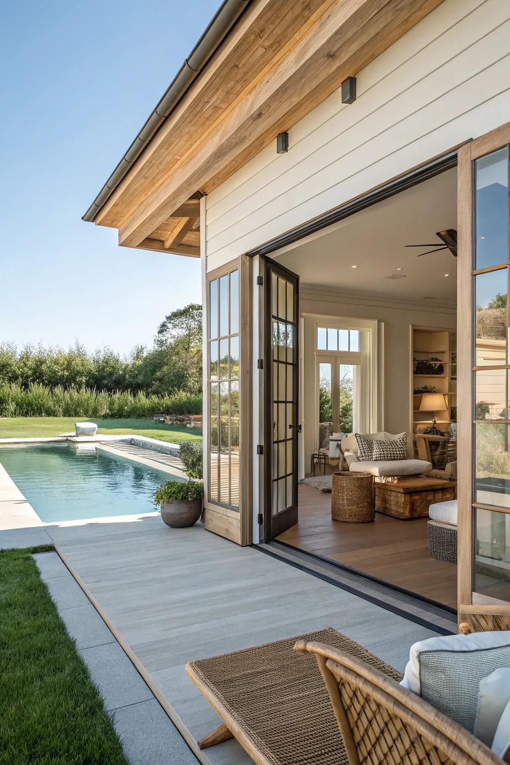 A stylish and serene decor in a pool house.