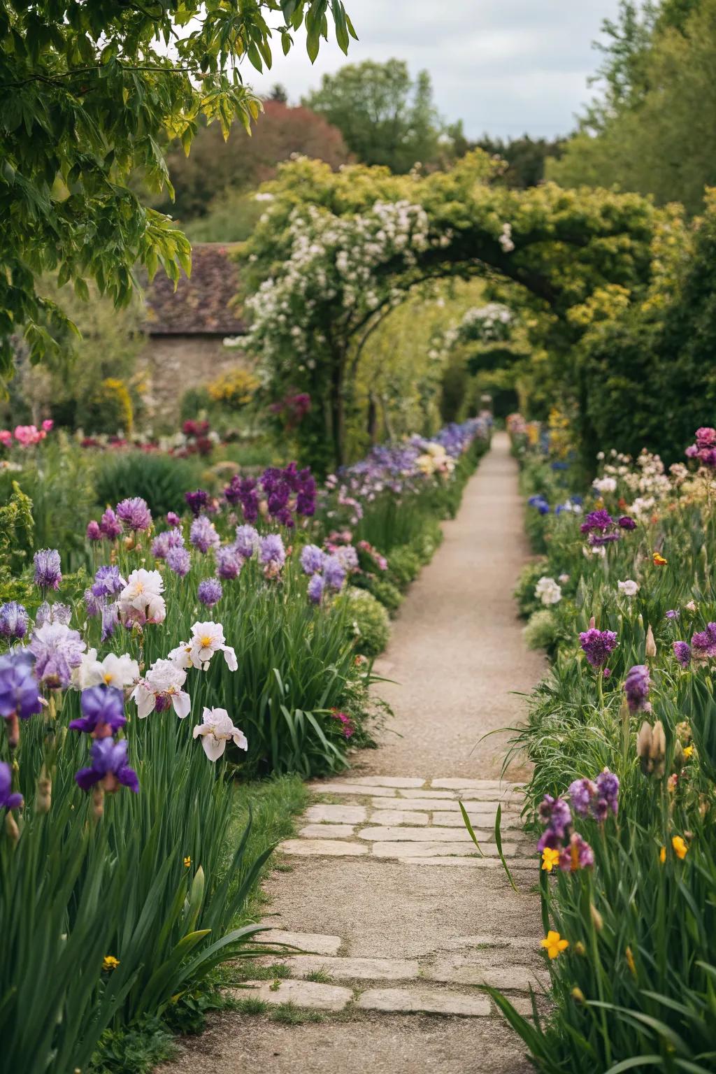 A pathway lined with vibrant irises.