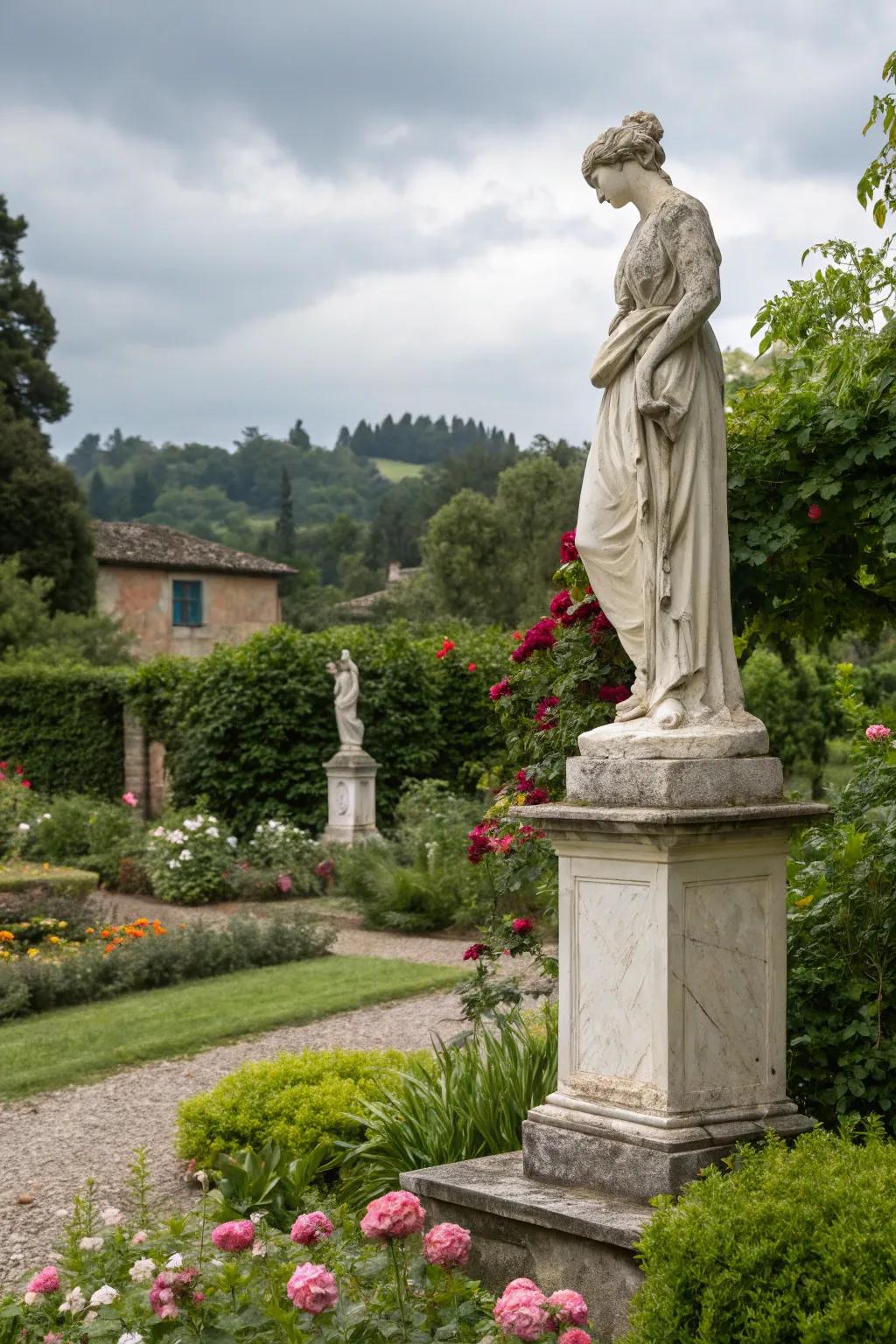 A marble statue adds a touch of historical elegance to the garden.
