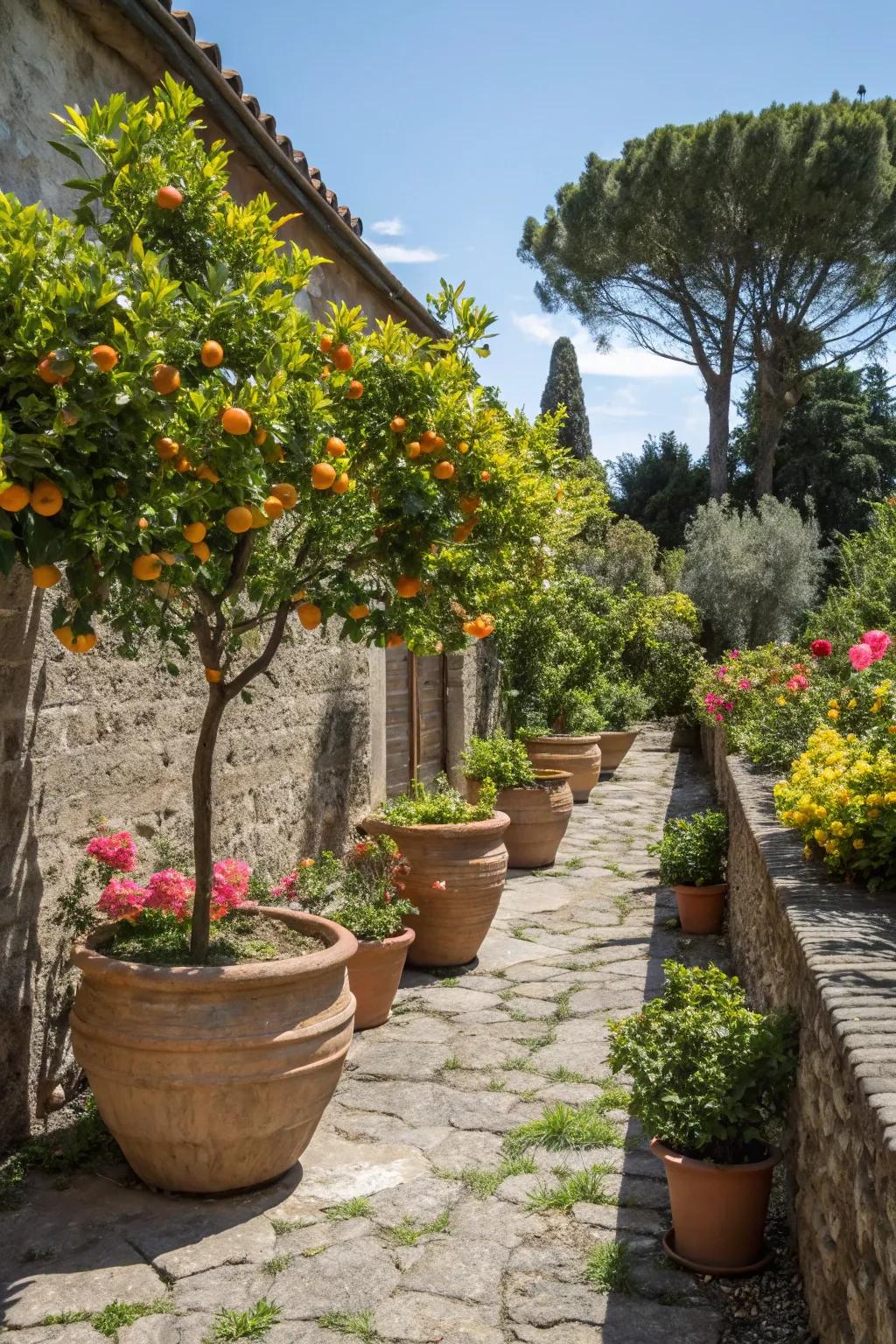 Terracotta pots brimming with colorful flowers and citrus trees.