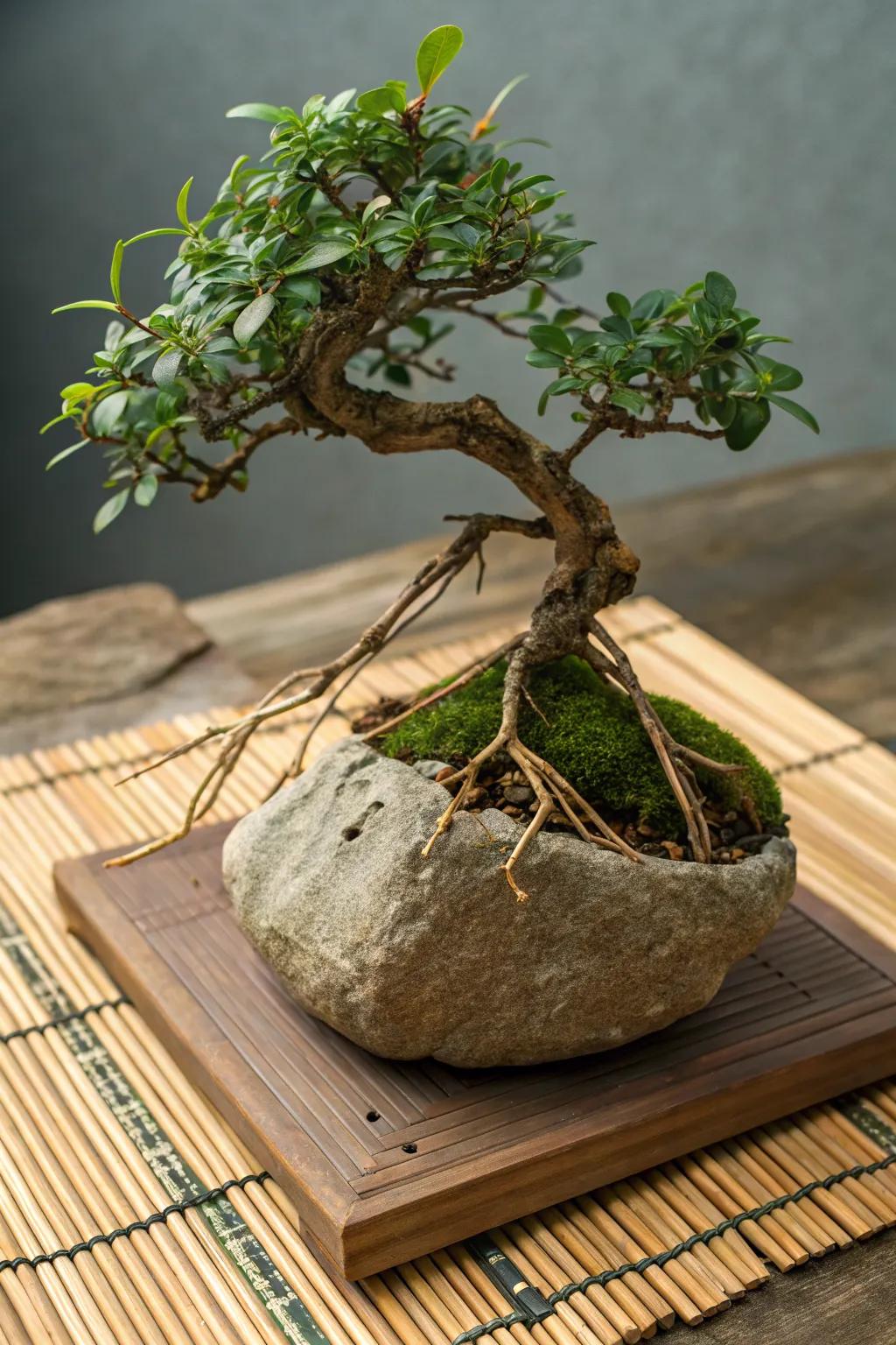 Nature-inspired root-over-rock jade bonsai.