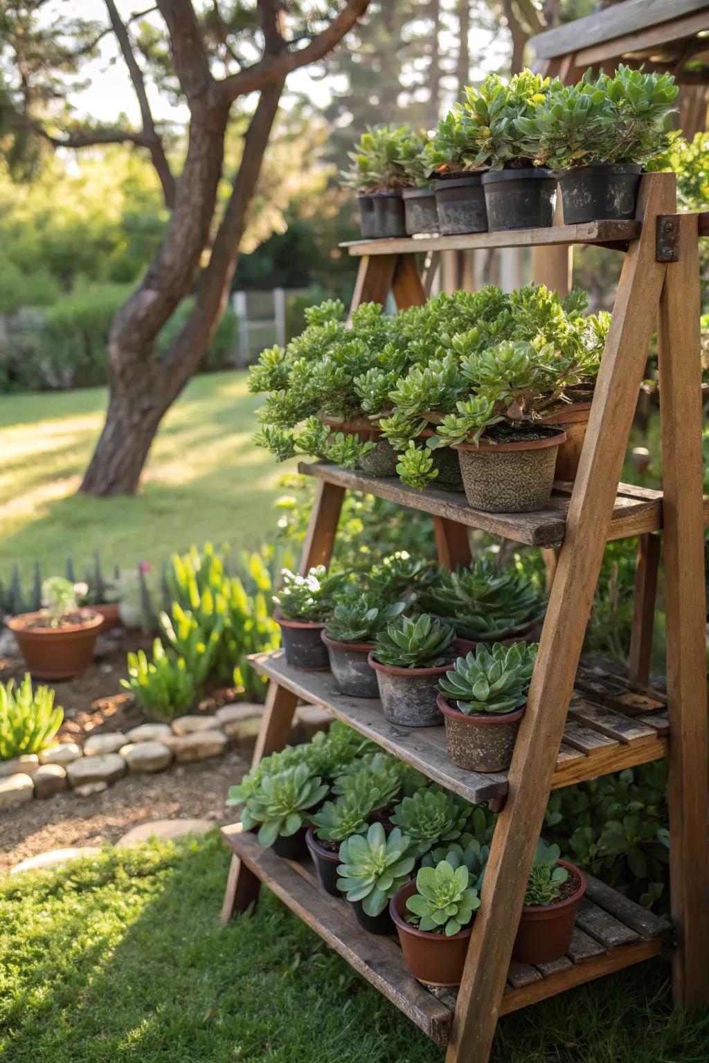 Add dimension with tiered jade plant displays.