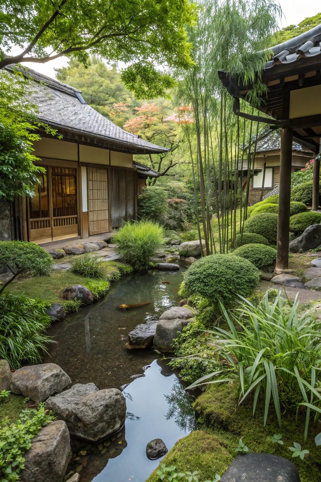 A serene Japanese backyard featuring a small pond amidst lush greenery.