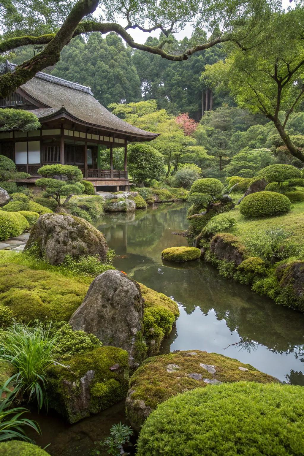Moss and greenery create a harmonious transition in this garden.