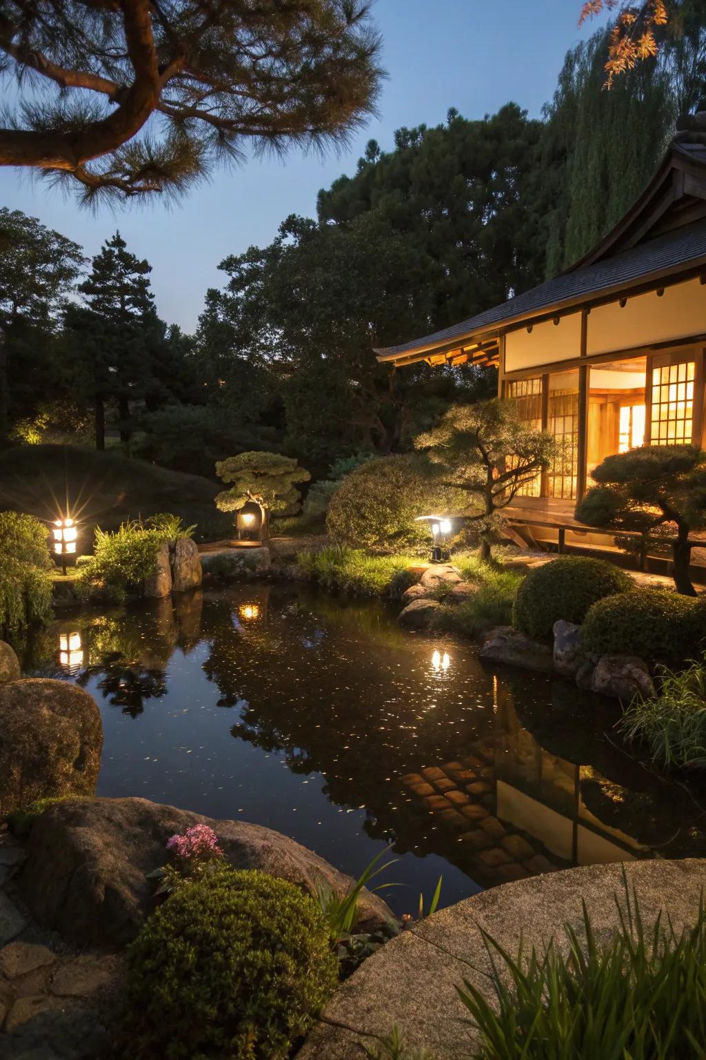 Water features reflecting soft garden lighting.