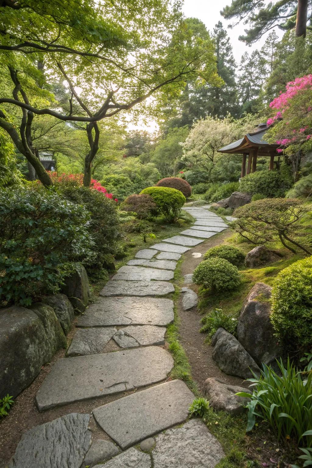 Pathway in a Japanese garden featuring large natural stone slabs, surrounded by lush greenery.