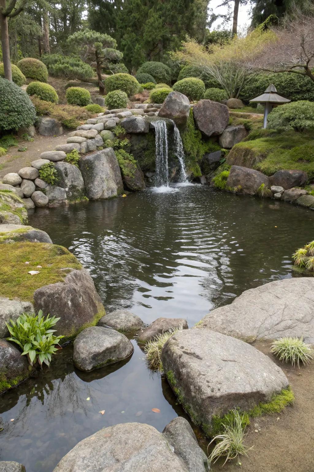 A water feature adds tranquility with the sound of flowing water.