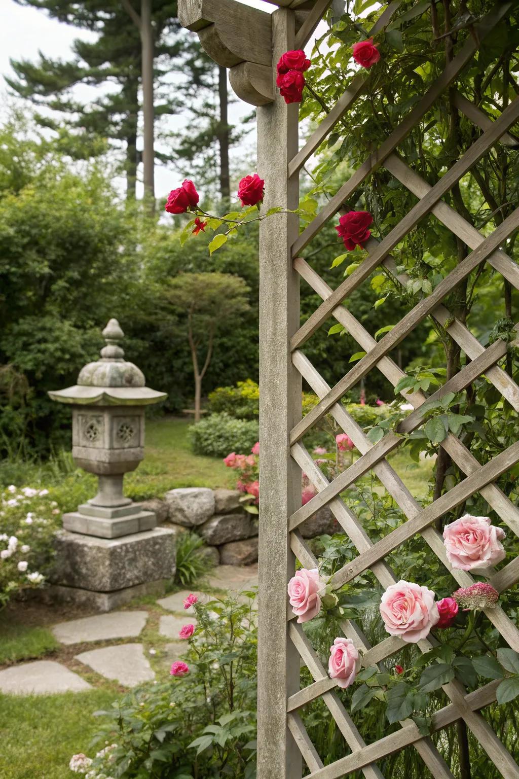 A lattice pattern trellis provides decorative support for climbing plants.