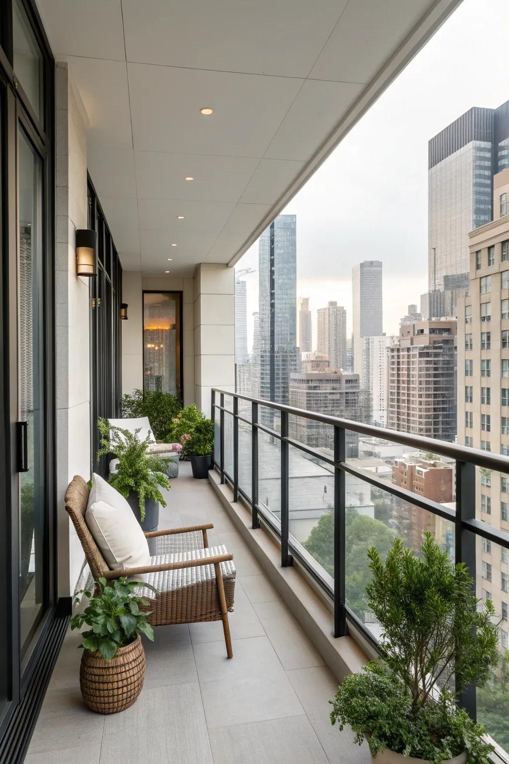 A modern Juliet balcony with sleek, minimalist decor.