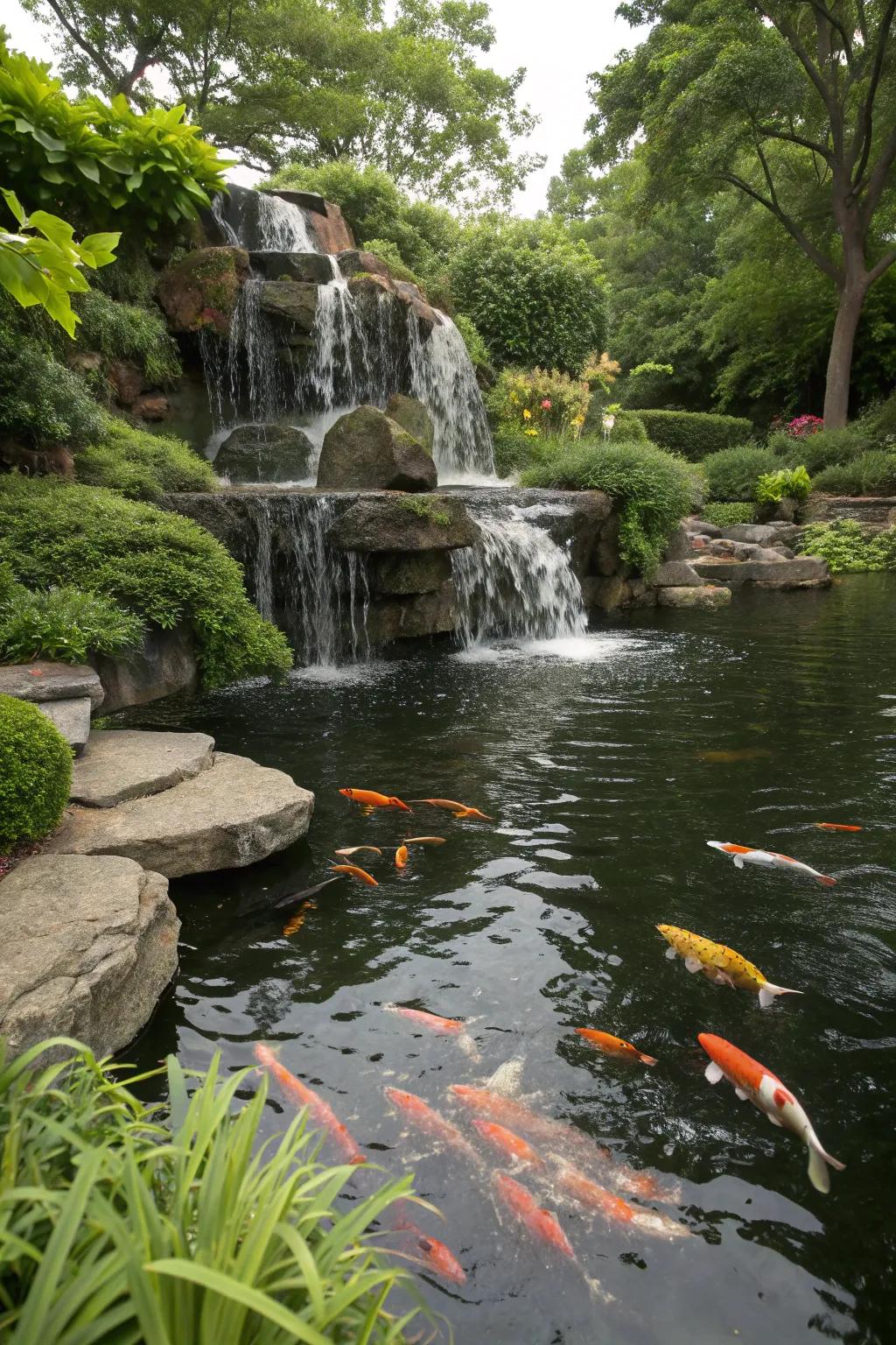 Multi-level waterfalls add movement and sound to your koi pond.