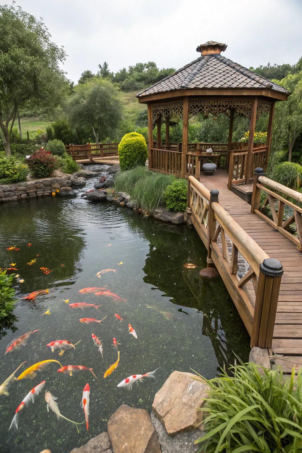 A charming bridge and gazebo enhancing a koi pond's allure.