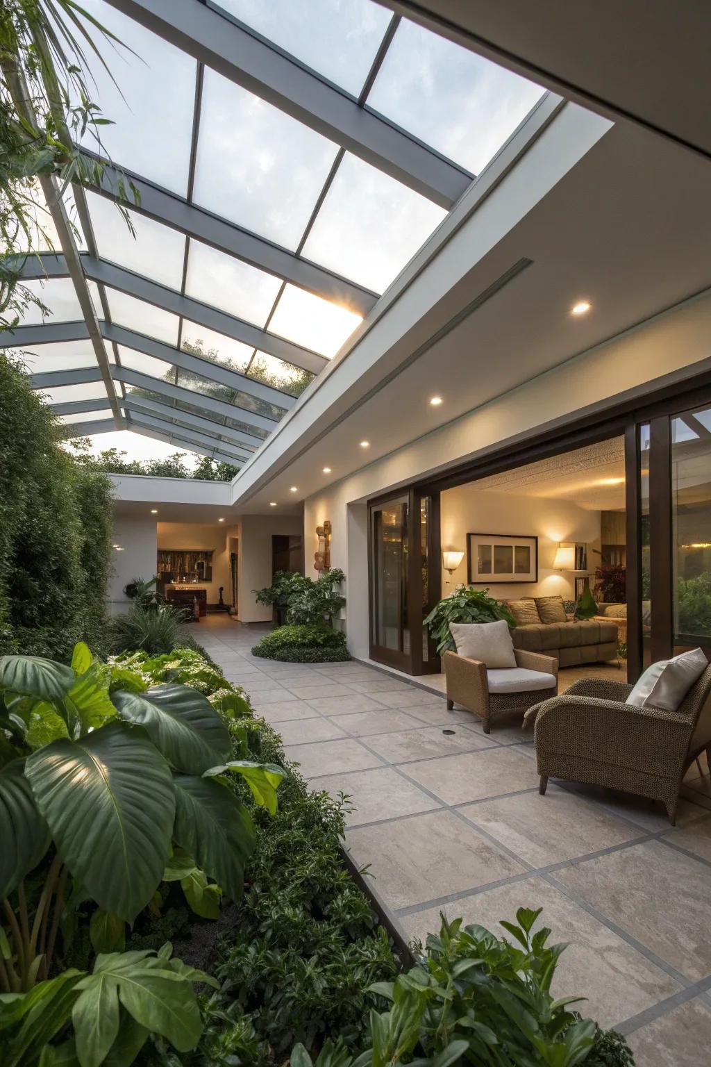 Skylights illuminate this L-shaped patio beautifully.