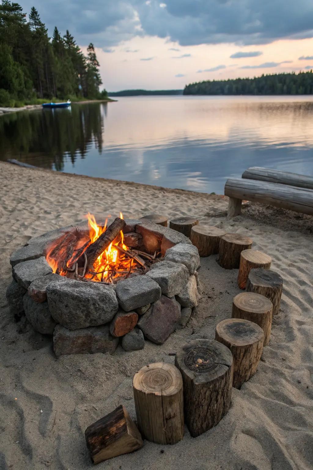 A welcoming fire pit on a sandy lakeside beach.