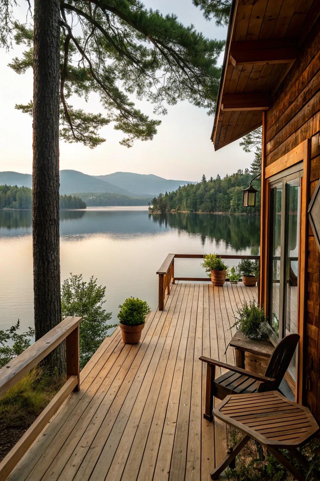 Natural wood elements seamlessly blend with the lakeside.