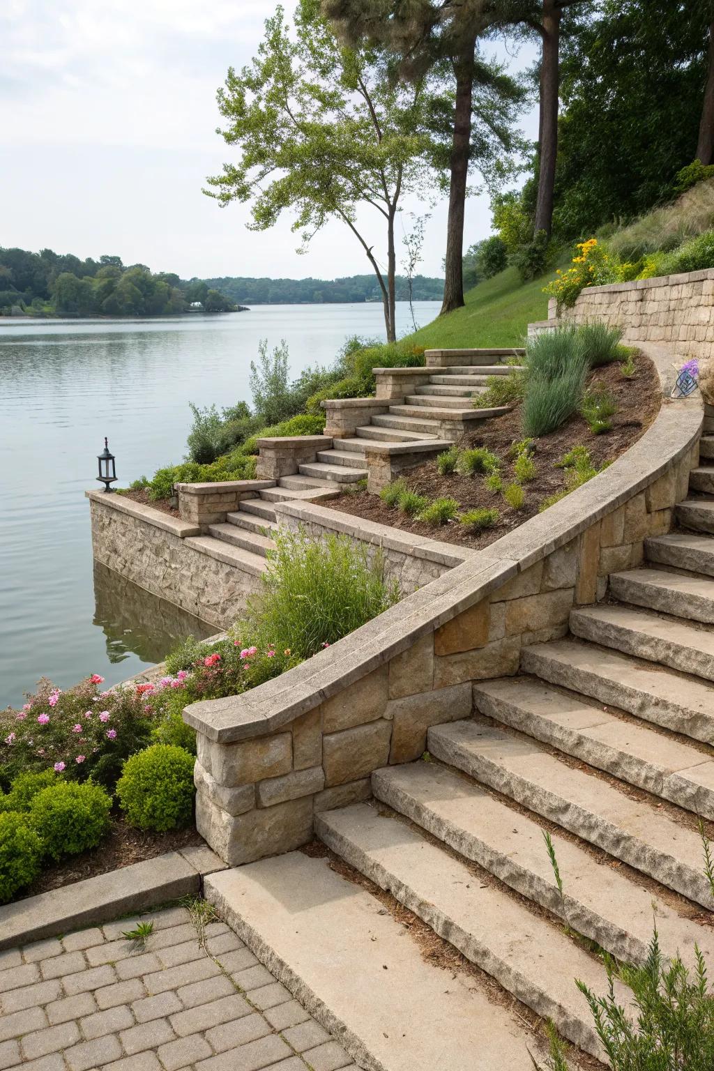Steps integrated into the retaining wall provide easy access to the lake.