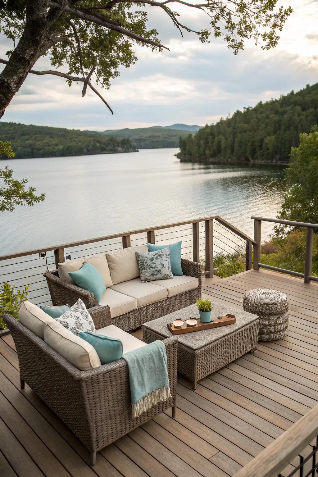 An elevated deck offering panoramic views of the lake.