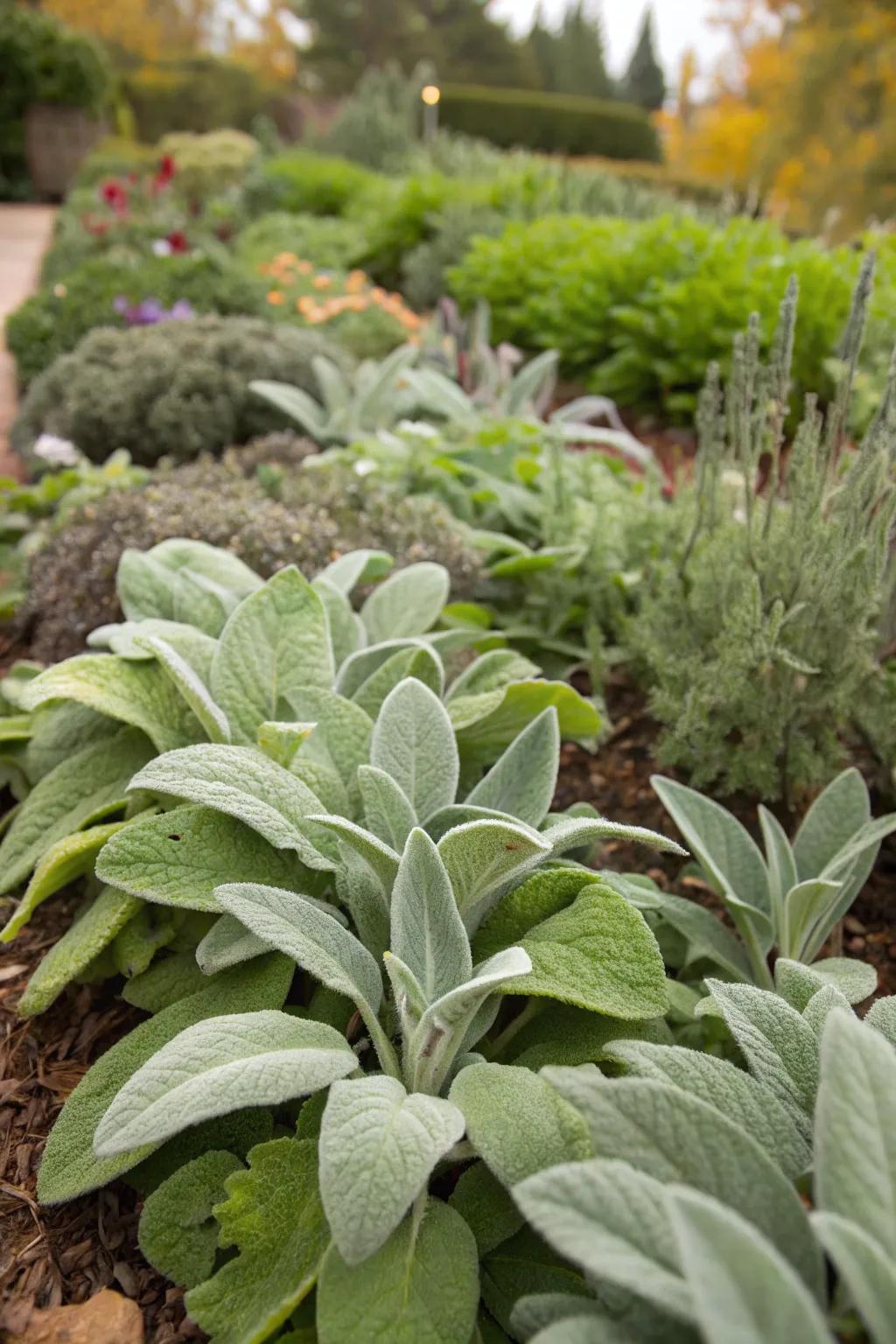 An engaging garden texture display with lamb's ear and diverse plants.