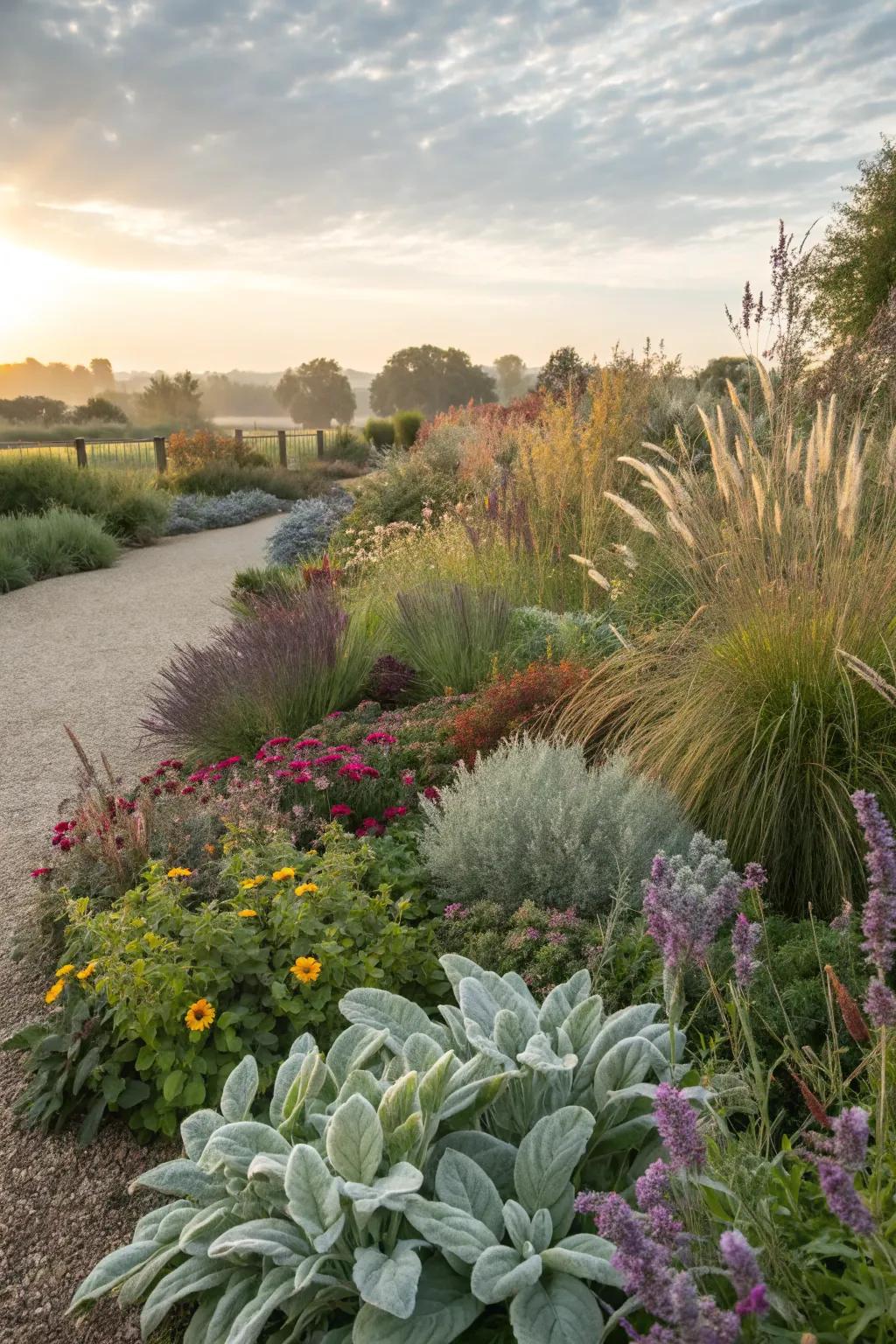 A stunning mix of lamb's ear, ornamental grasses, and perennials.