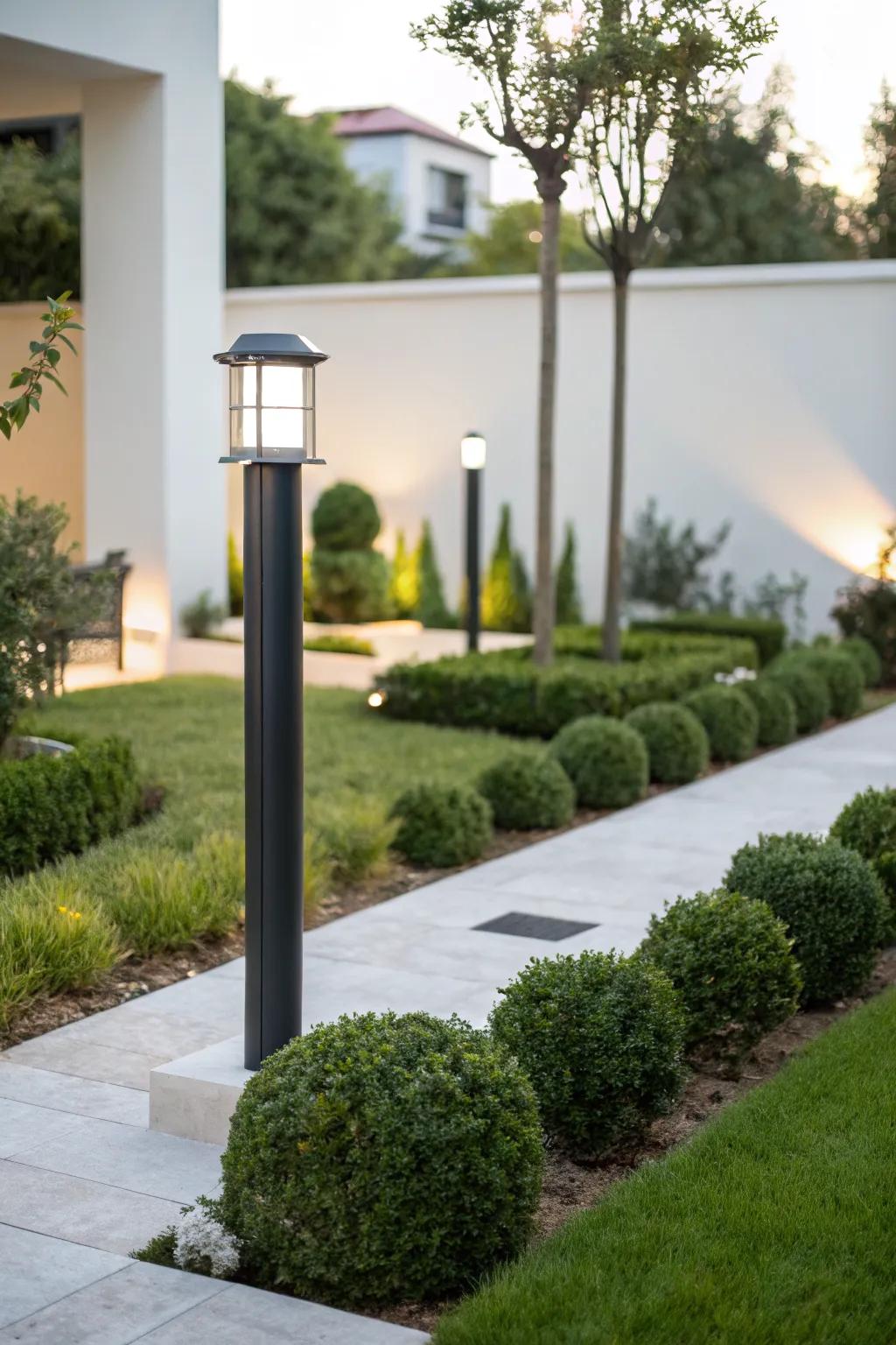 Modern minimalist lamp posts offer a sleek, stylish touch.