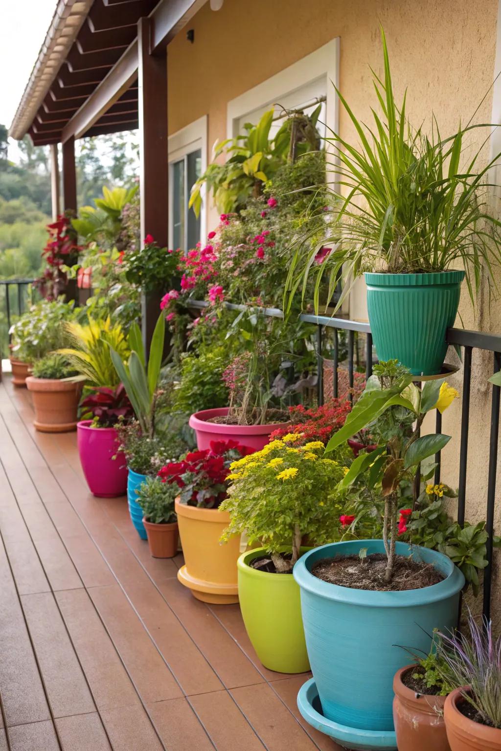 A collection of potted plants on a lanai adds vibrant color and texture.