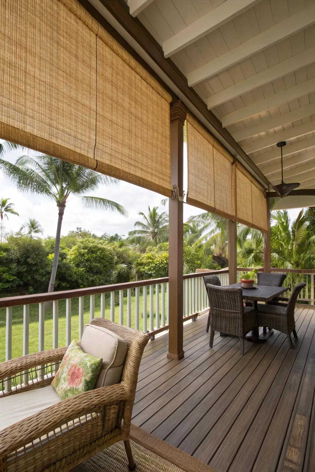 Eco-friendly bamboo shades offer adjustable privacy.