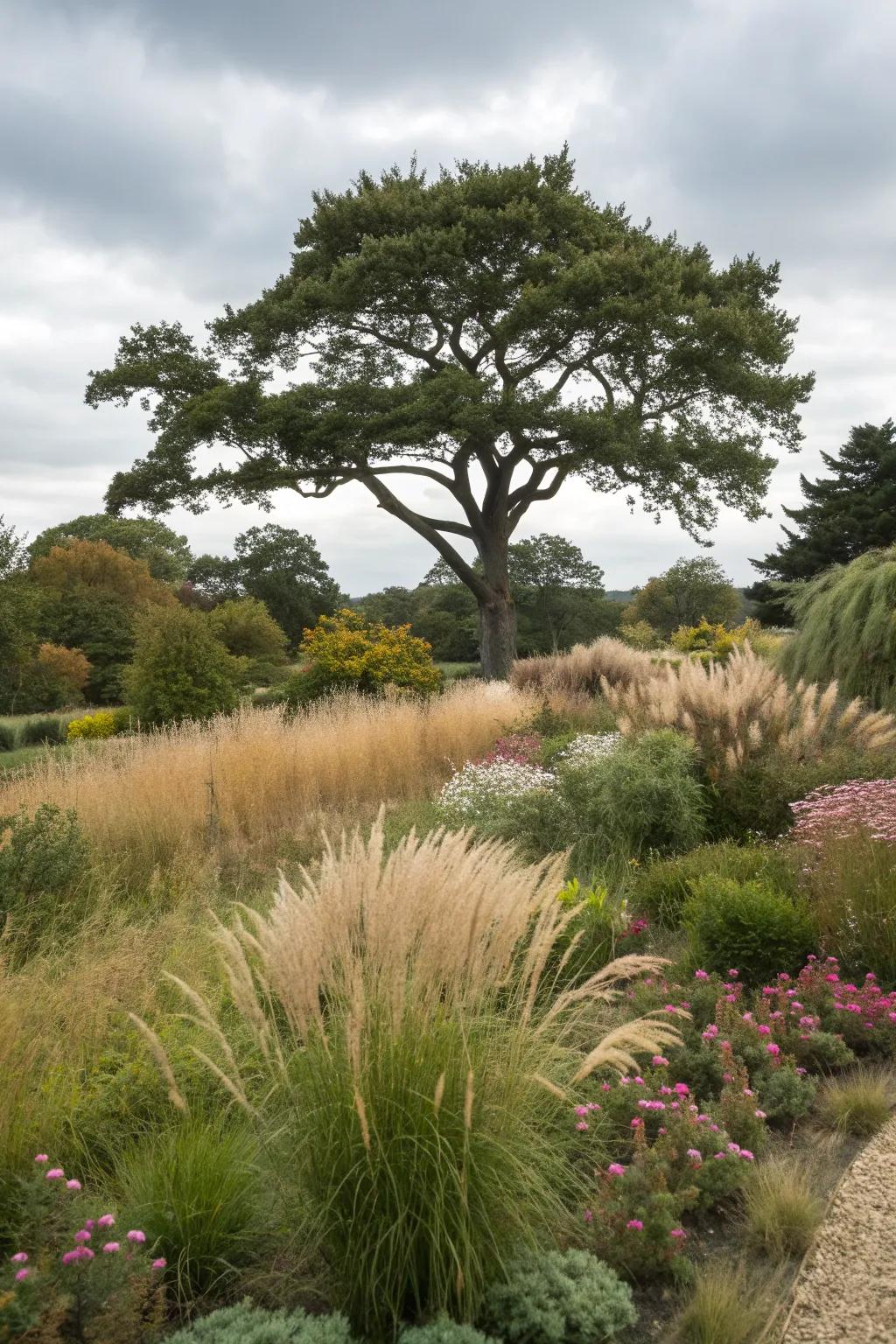 A multi-layered plant design adding dimension around a tree.