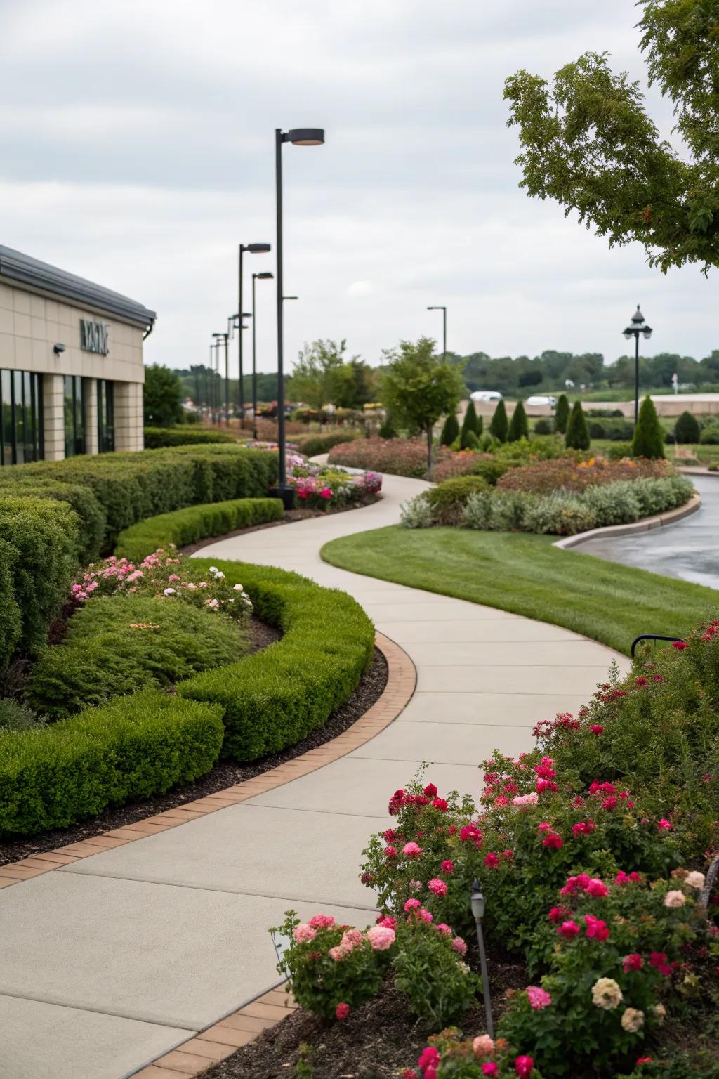 Curved pathways add elegance to this commercial landscape.