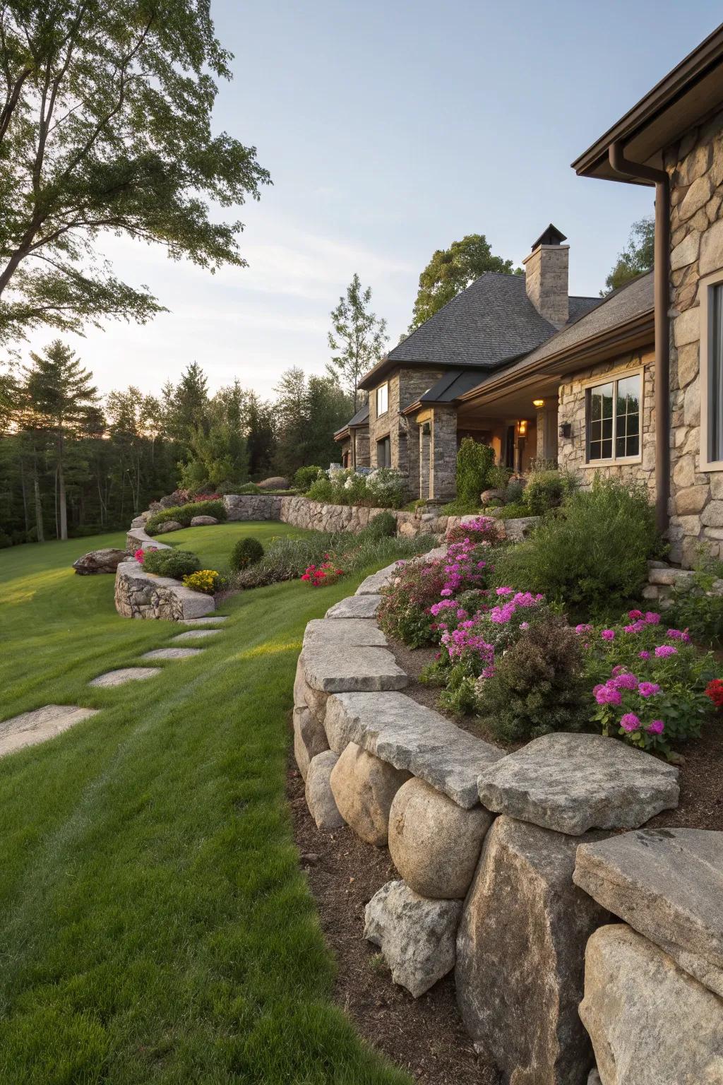 Stone elements provide structure and contrast in the garden