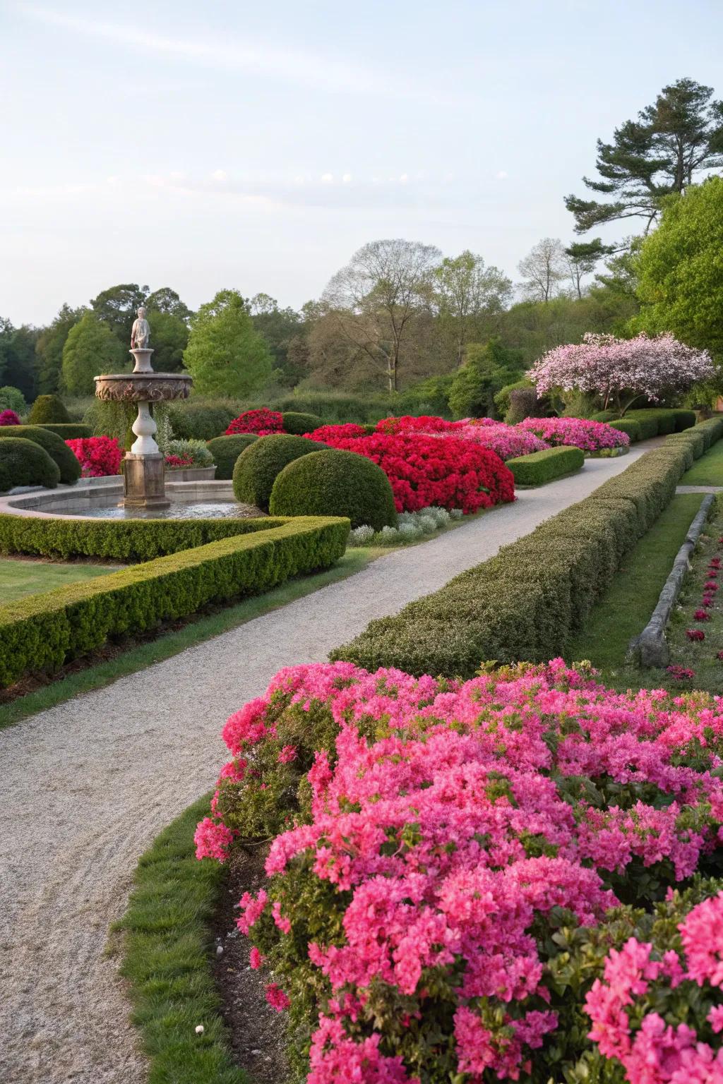 Structured rows of Encore Azaleas in a formal garden setting.
