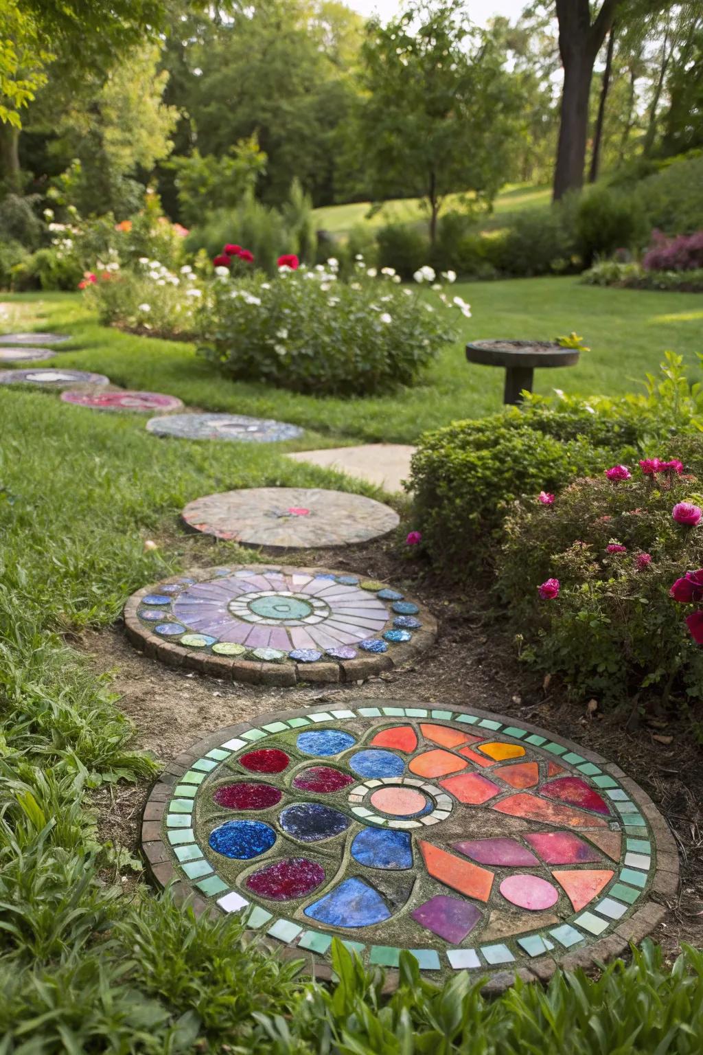Circular glass patterns create a captivating garden centerpiece.