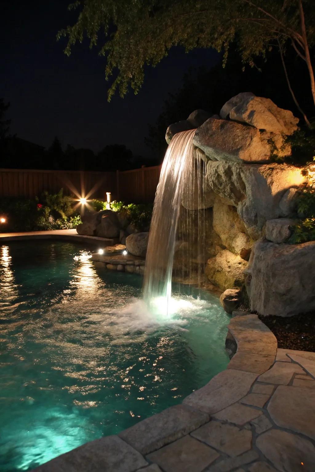 Water feature lighting adds a dramatic touch to poolside waterfalls.