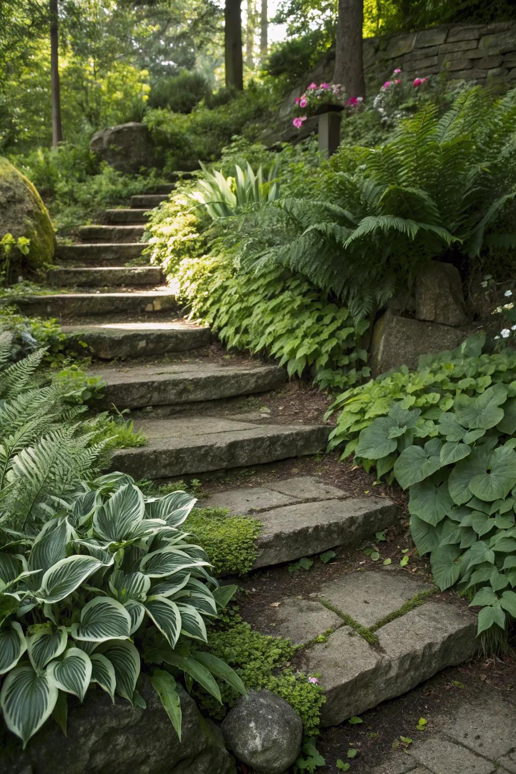 Layered plants add depth and color to garden steps.
