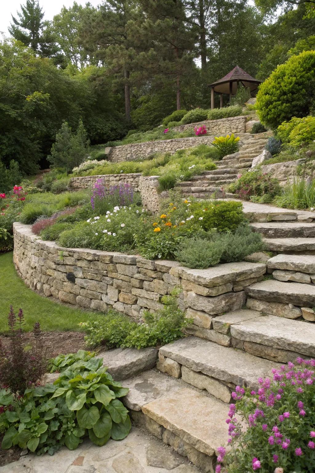 Stone terraces adding dimension and drama to the garden.