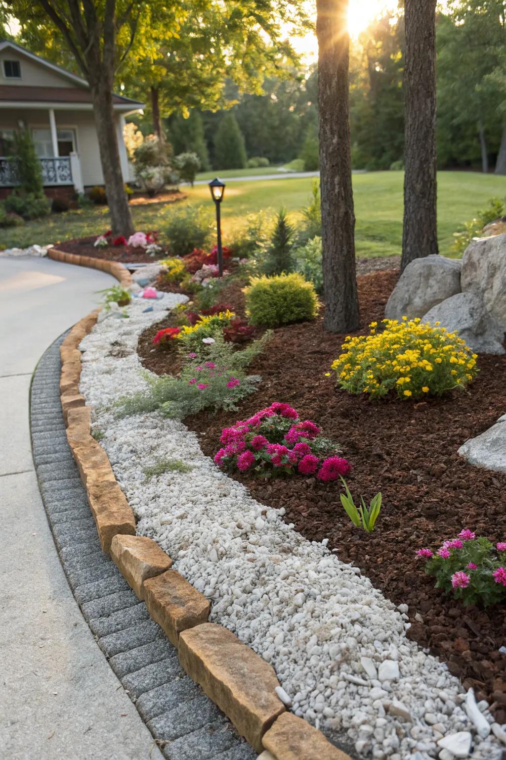 Mulch and gravel create a visually appealing and functional trim.