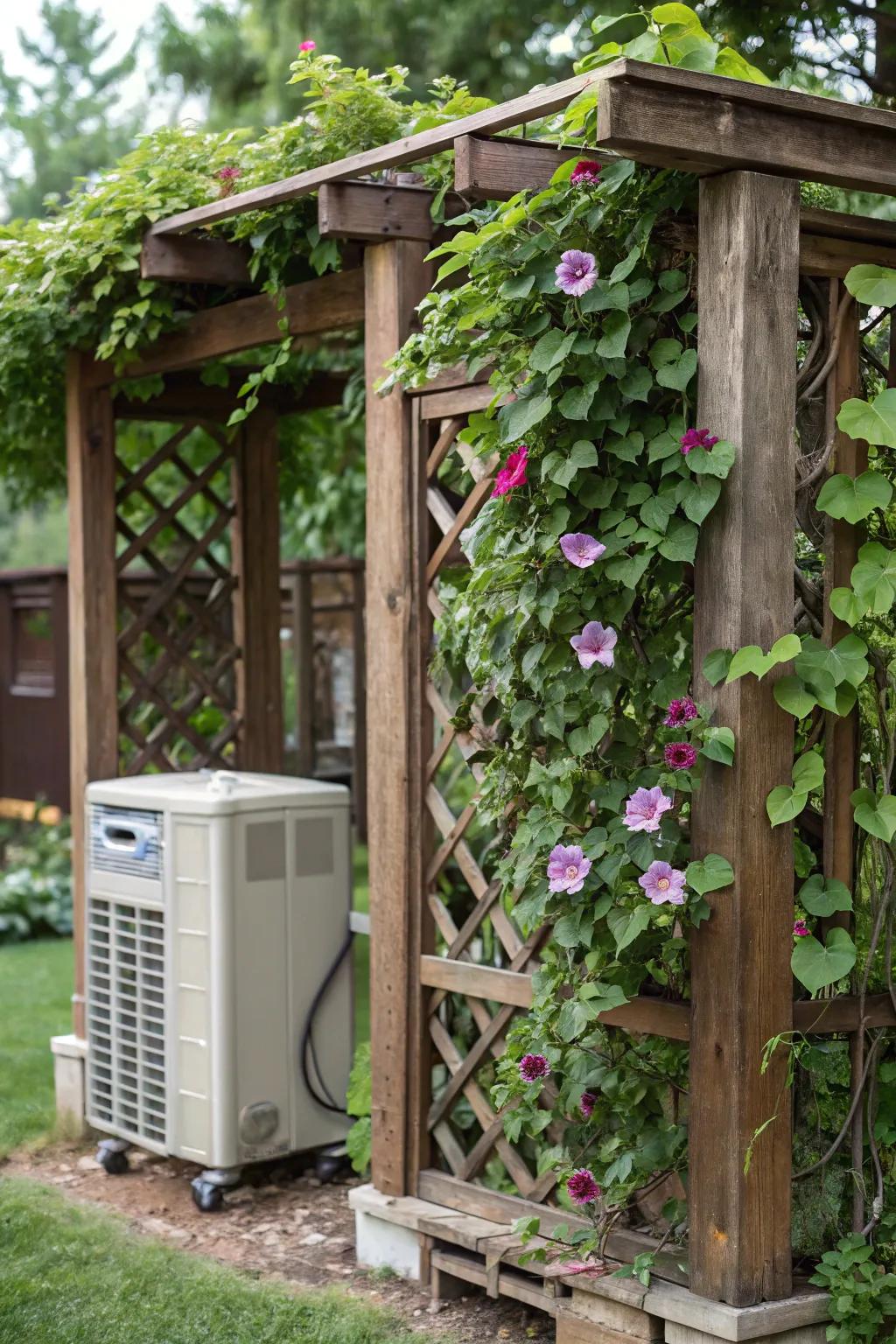 A trellis with vibrant climbing vines elegantly disguising an AC unit.