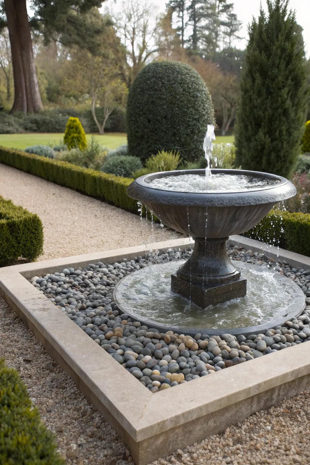 A sleek garden fountain set amidst a bed of decorative gravel.