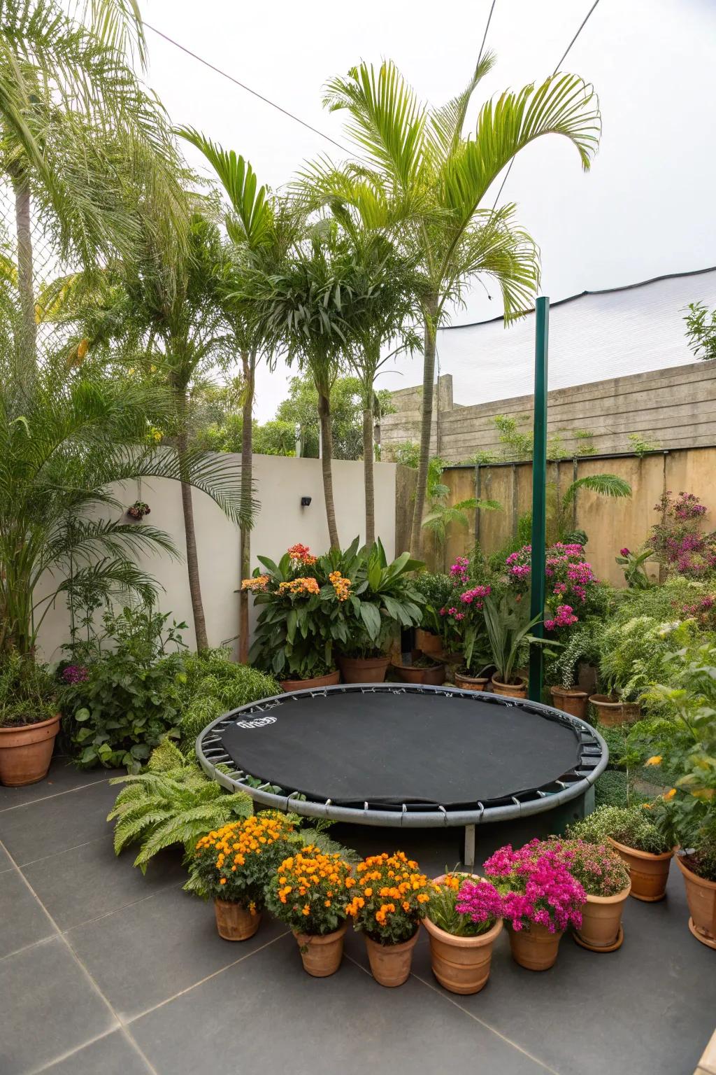Potted plants bring life and color to your trampoline area.