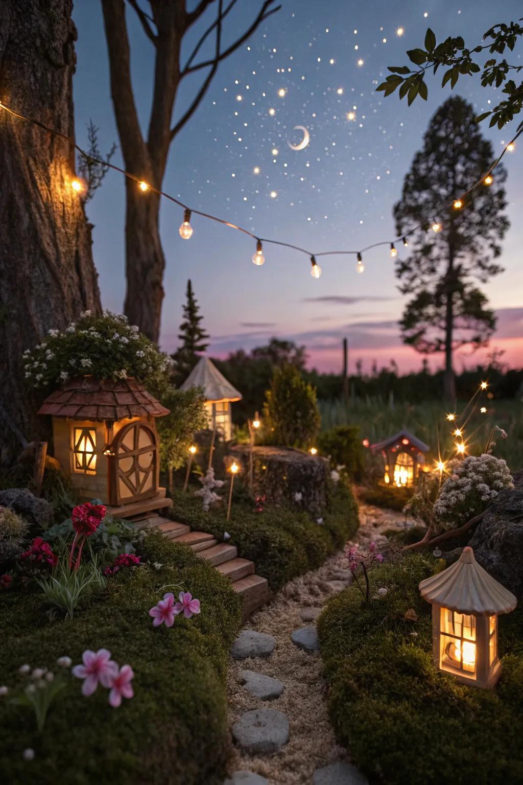 Twinkling lights add a mystical glow to your fairy garden at night.