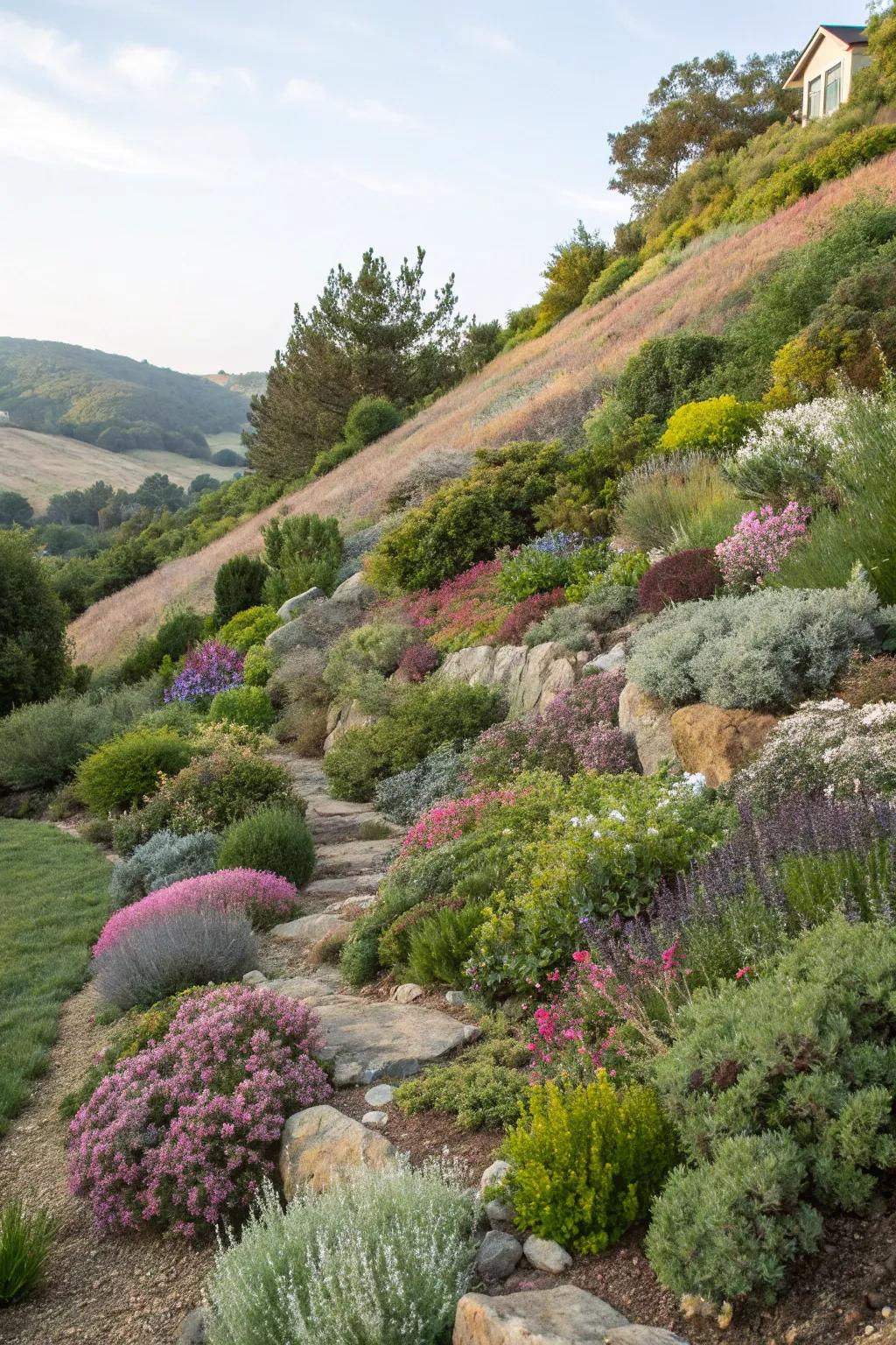A variety of plants creates a rich tapestry of color and texture.