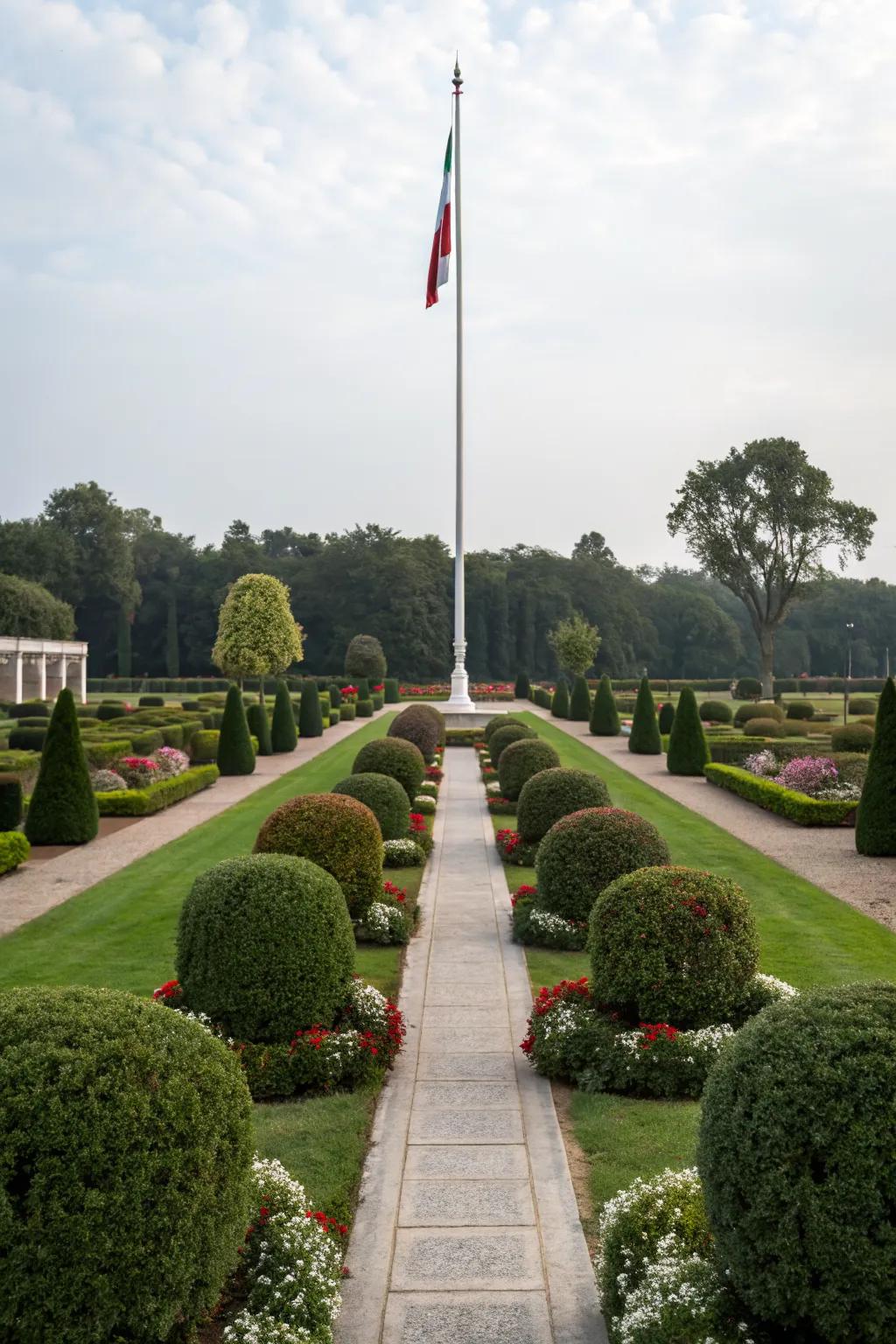 Symmetrical designs bring harmony and balance to the flagpole's surroundings.