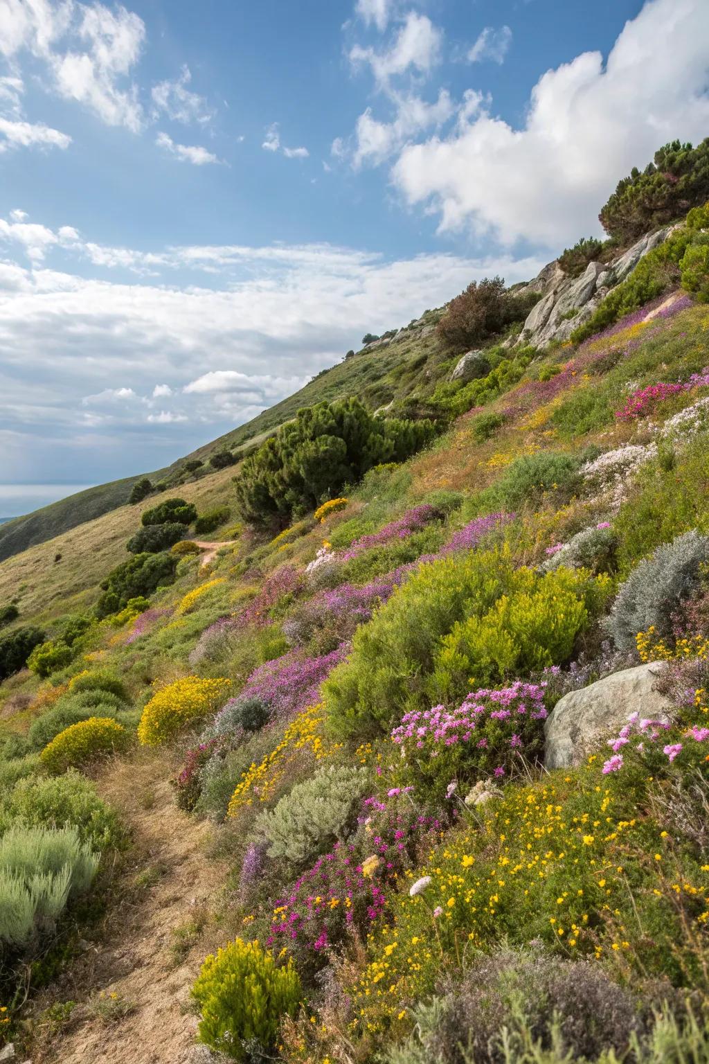 Diverse plantings create a vibrant, erosion-resistant hillside.