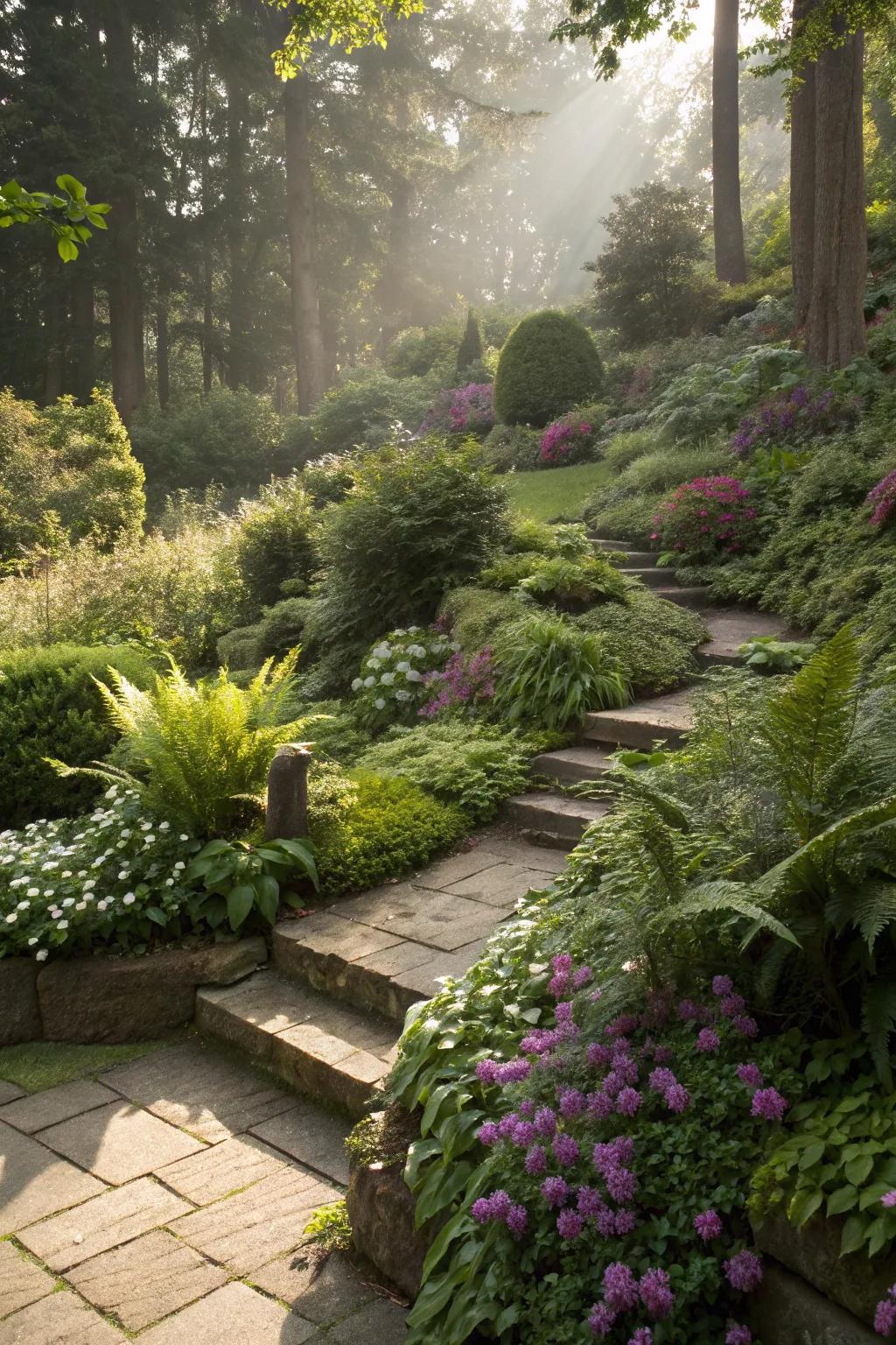 Layered planting adds depth and interest to this shaded garden.
