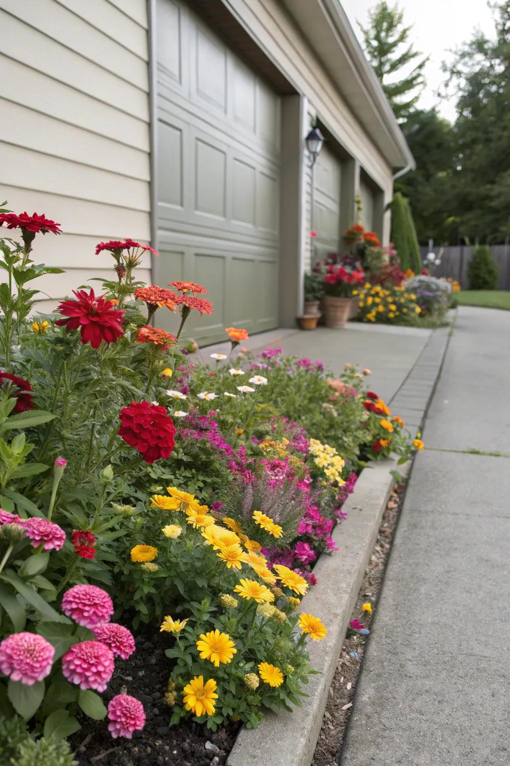 Colorful flowers can transform the side of your garage into an eye-catching display.
