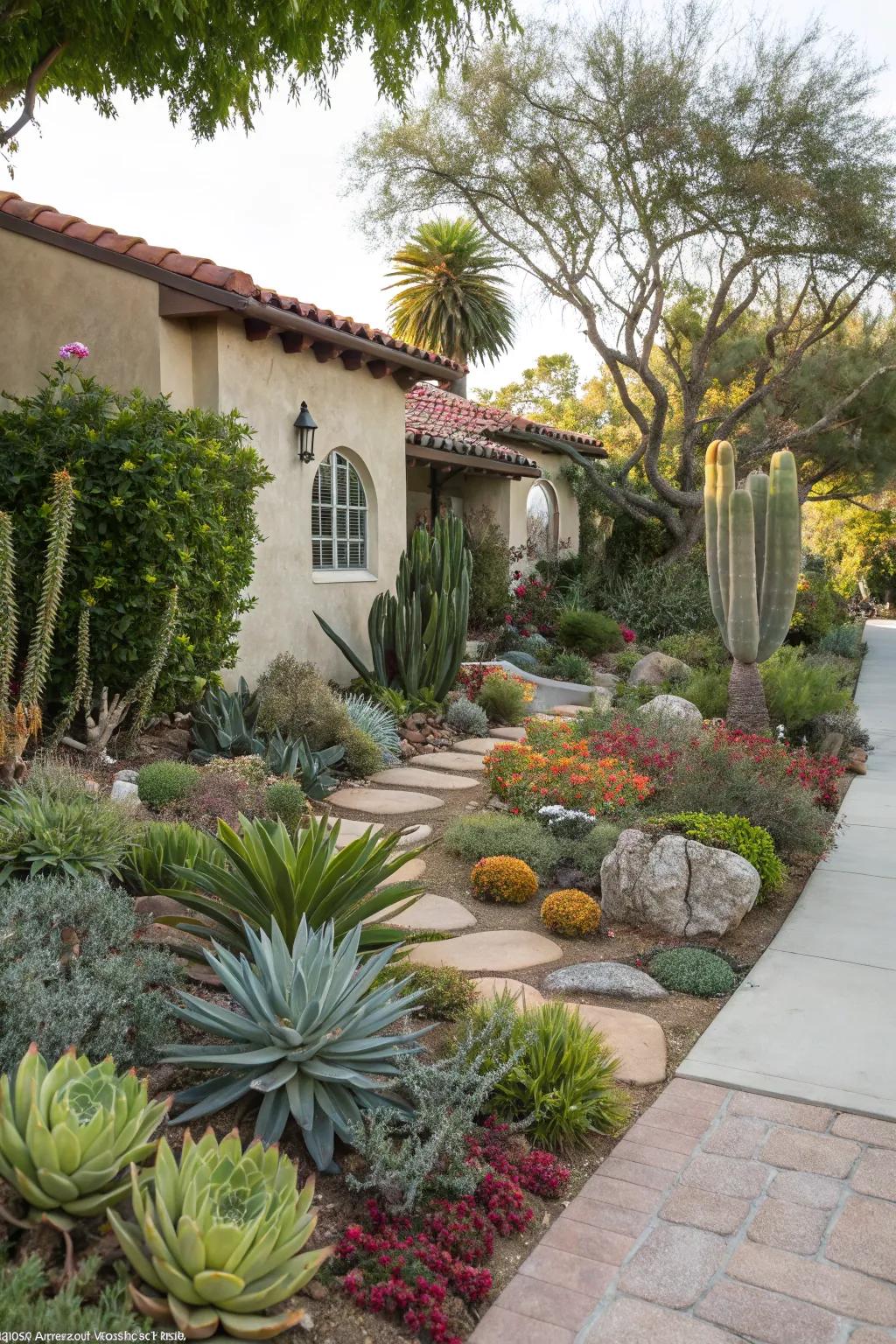 A vibrant display of drought-resistant plants thriving in a front yard landscape.