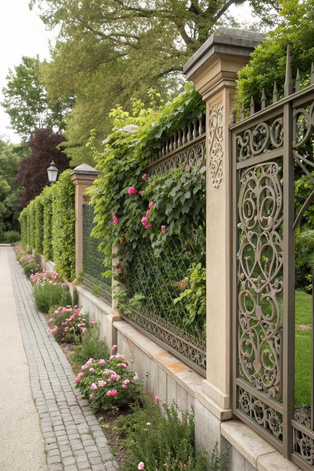 Decorative panels and trellises enhance the fence's appearance.