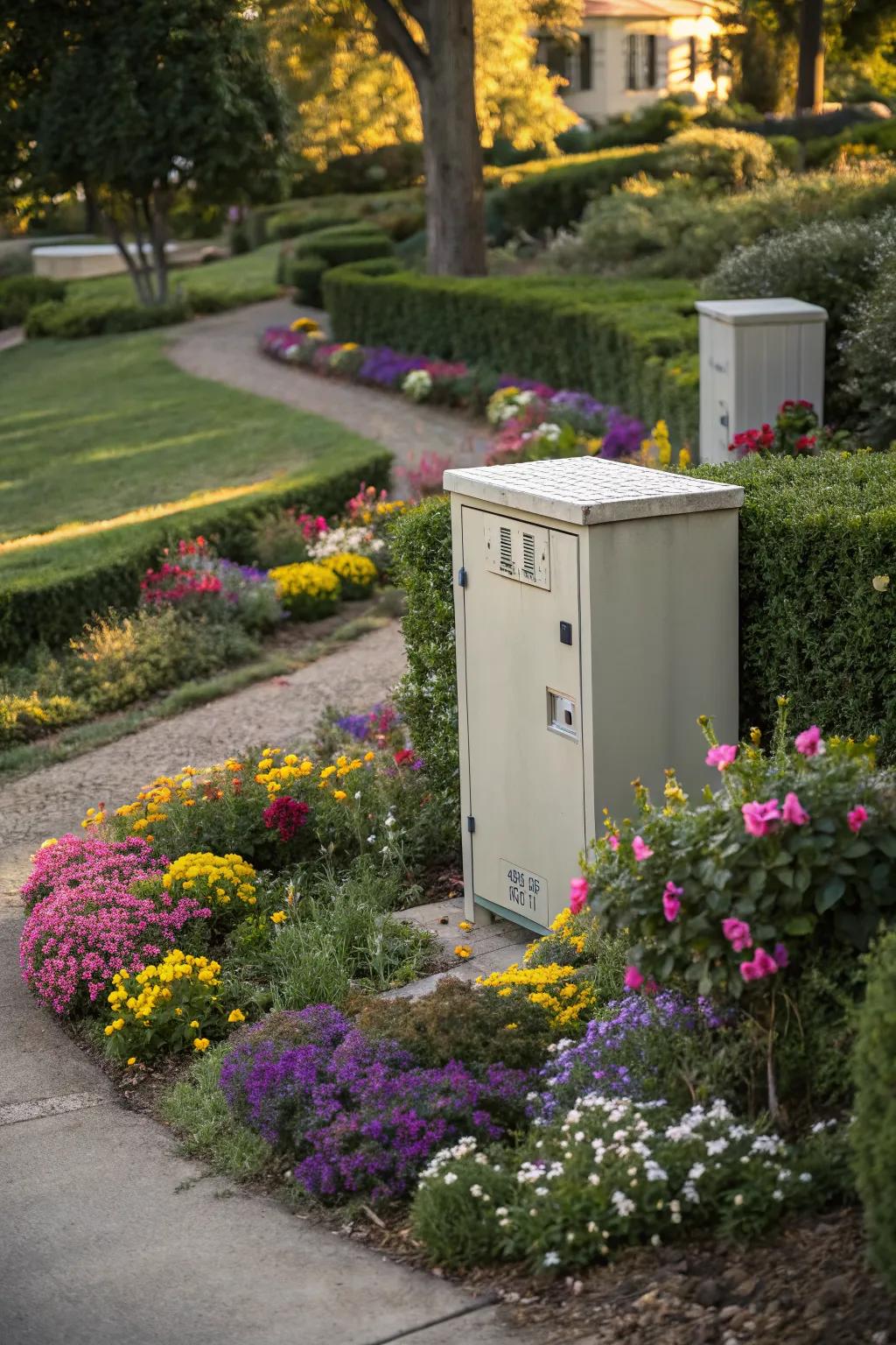 Vibrant flower beds can divert attention from utility boxes.