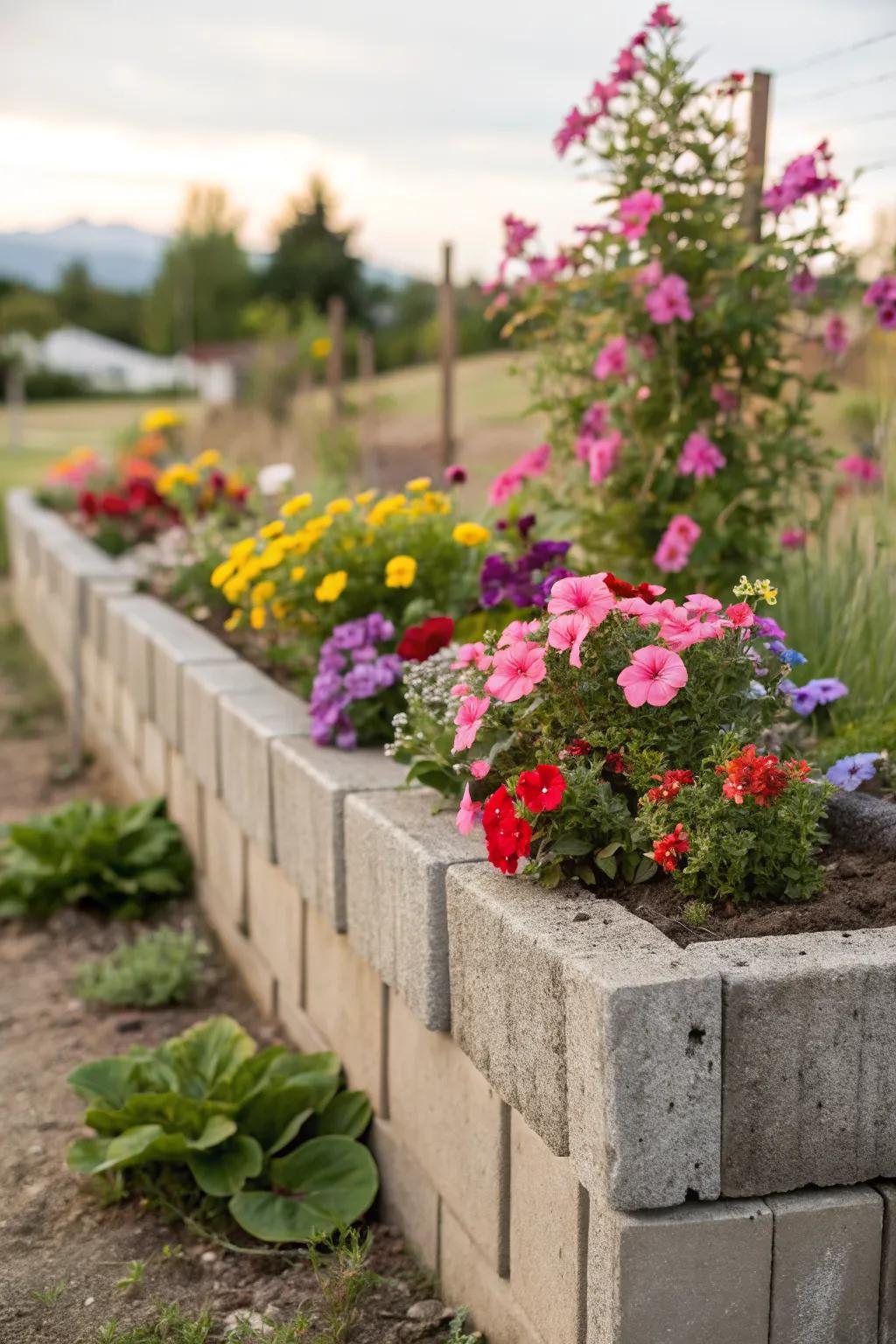 A modern raised flower bed using cinder blocks.