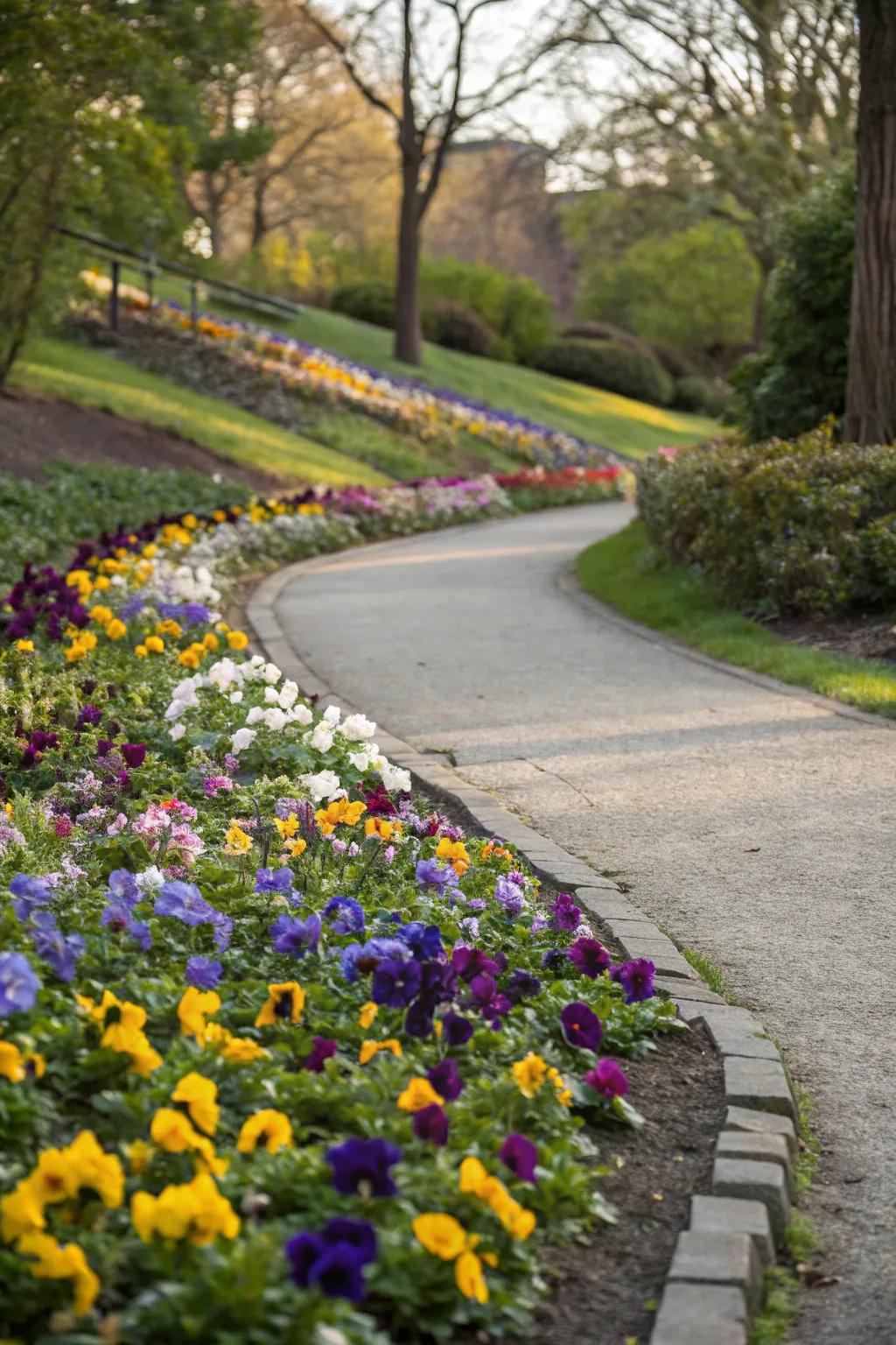 A welcoming pathway lined with vibrant pansies.